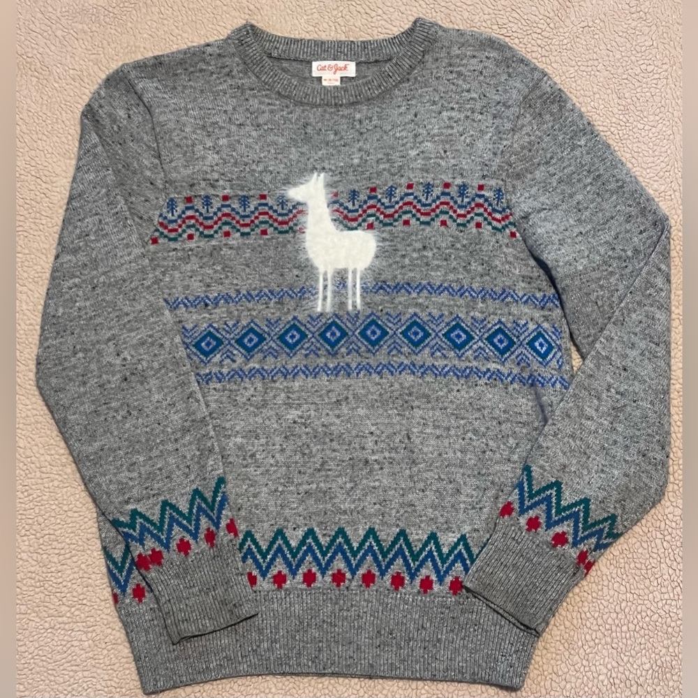 Cat & Jack Size Medium 8 10  Alpaca Llama Fair Isle Sweater Gray Crewneck EUC LN